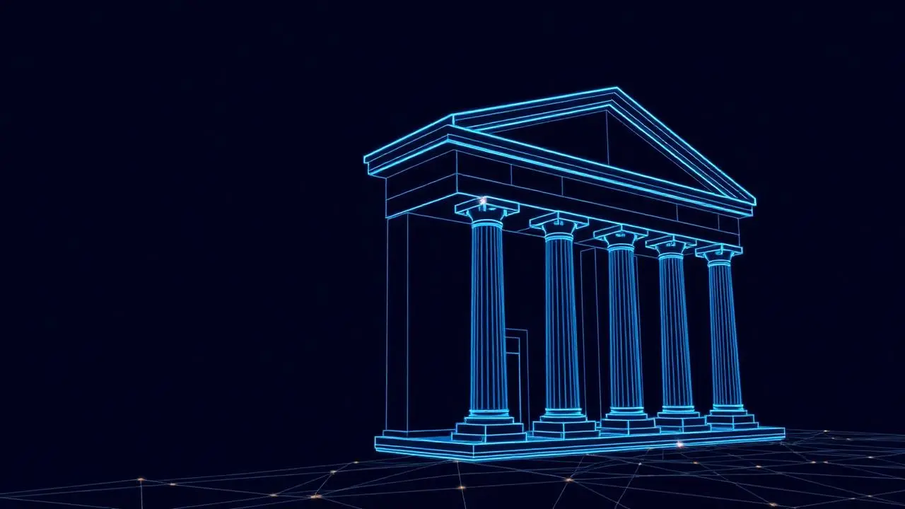 Abstract wireframe of institutional financial architecture connected by a secure data network