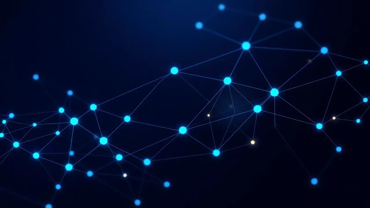 Abstract network of payment nodes and transaction flows in electric blue