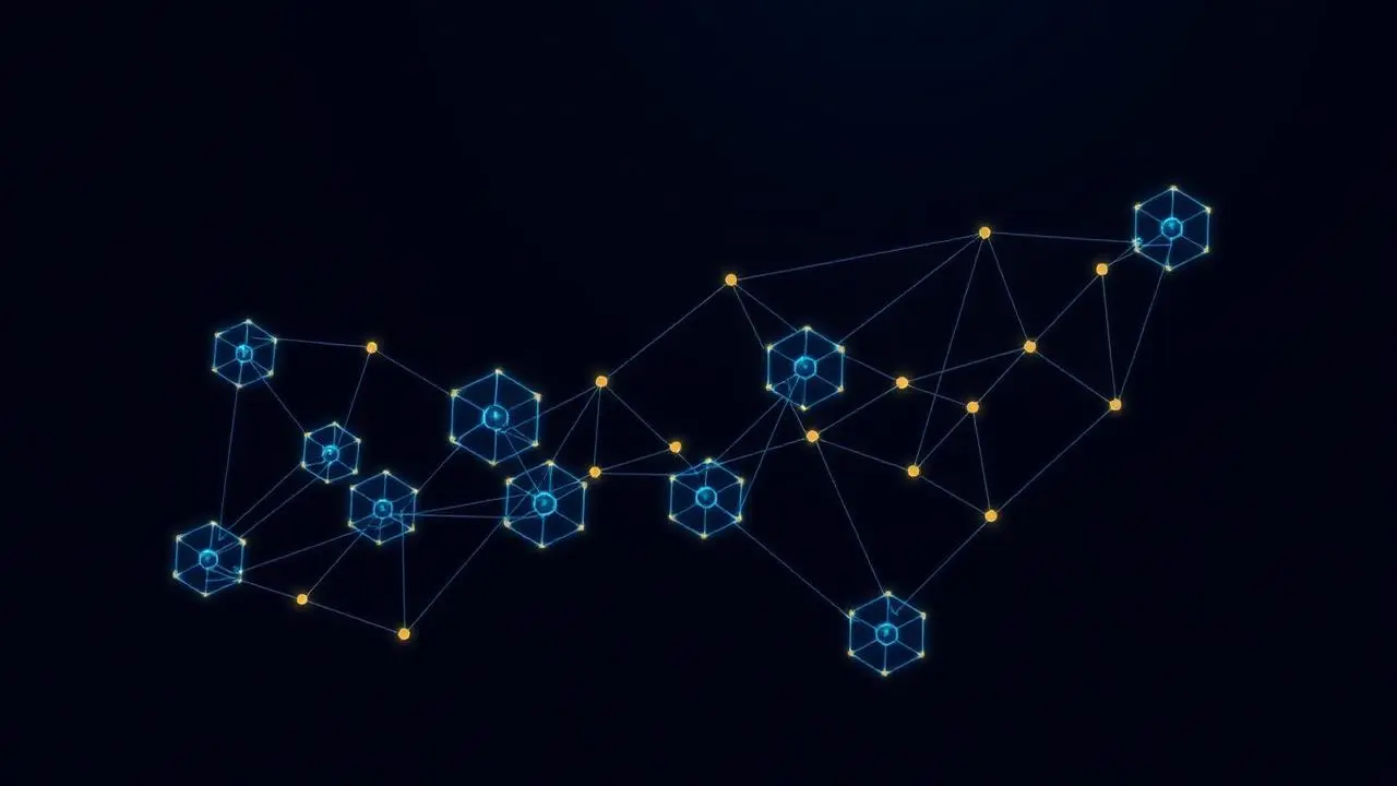 Abstract interconnected business ecosystem of linked geometric modules