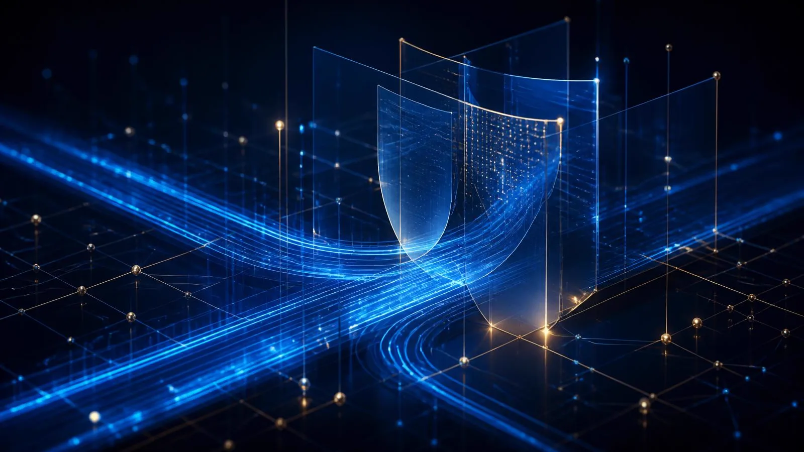 Abstract dark-navy illustration of secure payment rails passing through layered control gates