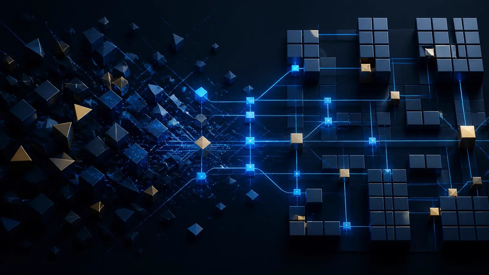 Abstract dark-navy illustration of fragmented workflow blocks resolving into a structured, connected modular system